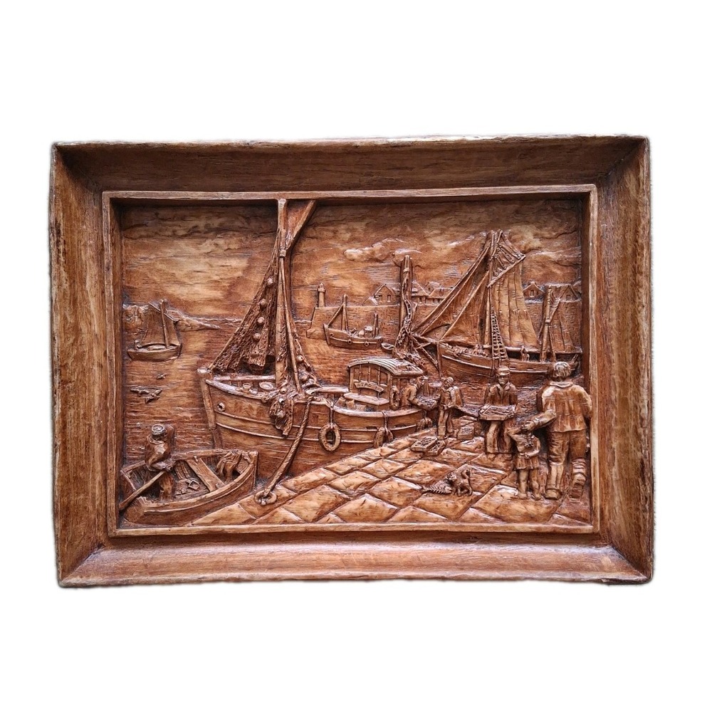 Carved Wood and Resin Relief Picture‎ Panel Fishing Harbor Sea Scene 12"x9"